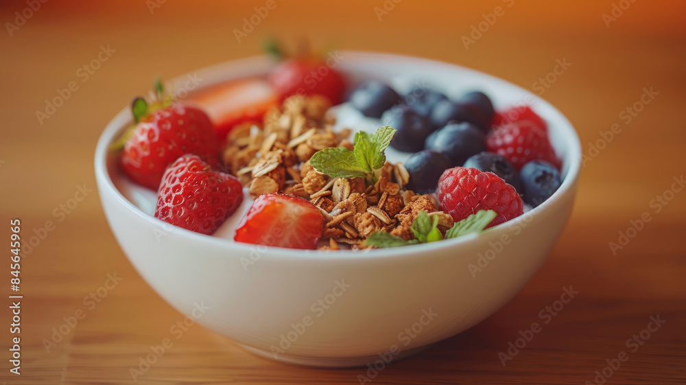 Bowl of granola with strawberries, blueberries, and raspberries. Bowl of granola with strawberries, blueberries, and raspberries.