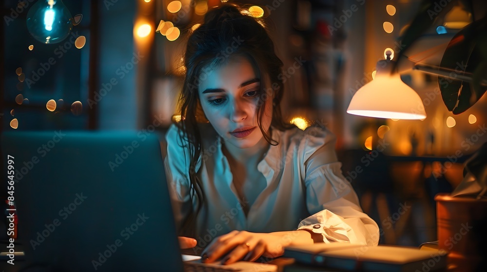 Hardworking Businesswoman Burning the Midnight Oil in Office Workspace Hardworking Businesswoman Burning the Midnight Oil in Office Workspace