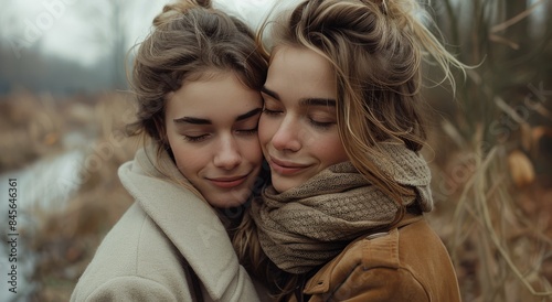 Two Young Women Embracing In A Winter Forest