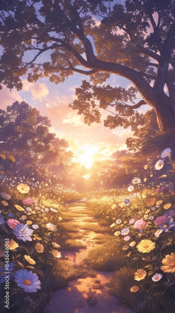 Naklejka premium Magical path leading through a beautiful forest at sunset