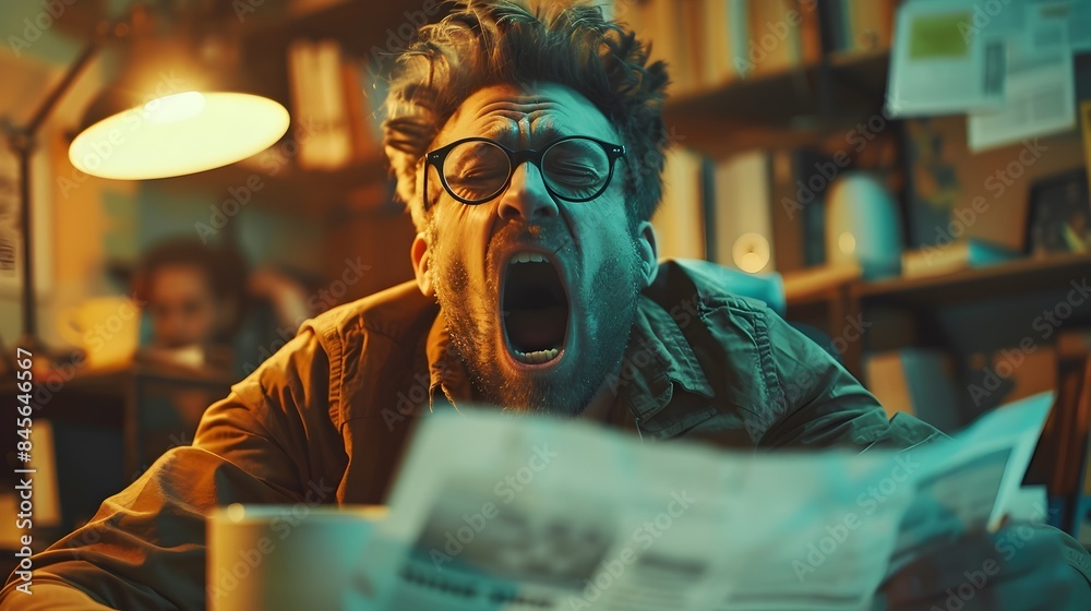 Weary Office Worker Yawning at Cluttered Desk with Coffee Mug in Dimly Lit Workspace Weary Office Worker Yawning at Cluttered Desk with Coffee Mug in Dimly Lit Workspace