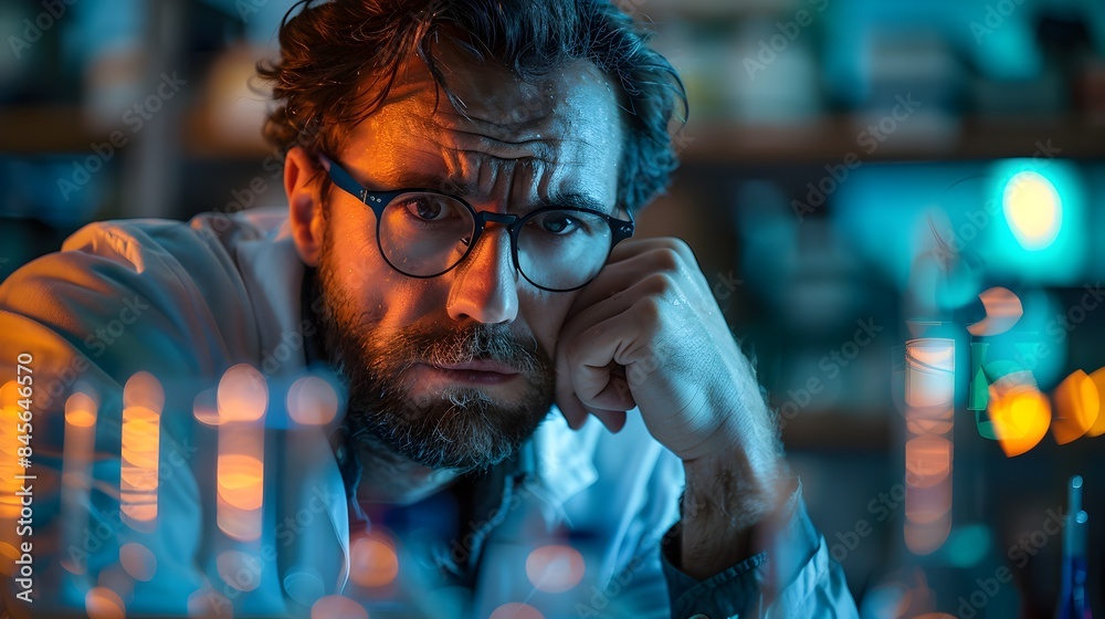 Weary Scientist Reviewing Data Late at Lab Under Harsh Fluorescent Lighting
