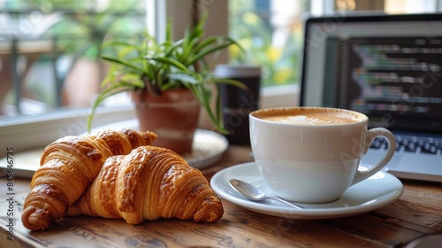Freshly Baked Croissant and Cappuccino on a Sunny Morning Table