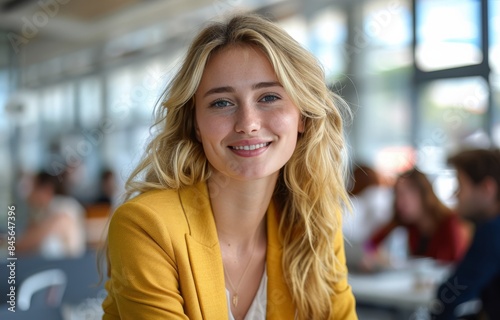 Smiling Woman In Yellow Blazer At A Coffee Shop