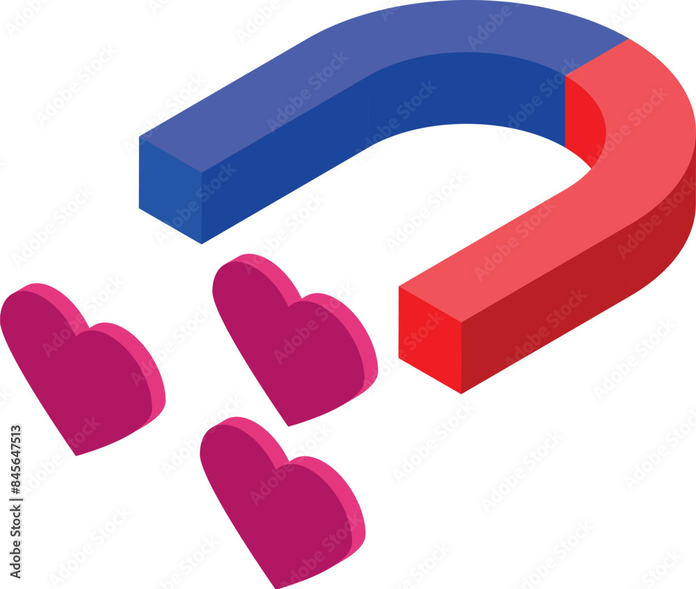 Large horseshoe magnet attracting three pink hearts, representing love, passion and affection