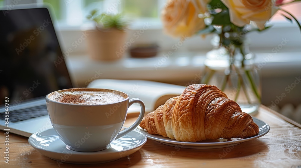 Freshly Baked Croissant and Cappuccino on a Sunny Morning Table Freshly Baked Croissant and Cappuccino on a Sunny Morning Table