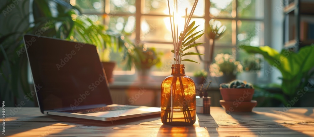 A Brown Glass Bottle Diffuser With Wooden Sticks on a Wooden Desk in a Bright Room A Brown Glass Bottle Diffuser With Wooden Sticks on a Wooden Desk in a Bright Room