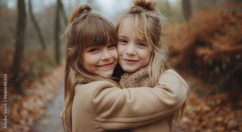 Two Young Girls Hugging in a Forest During Autumn Two Young Girls Hugging in a Forest During Autumn