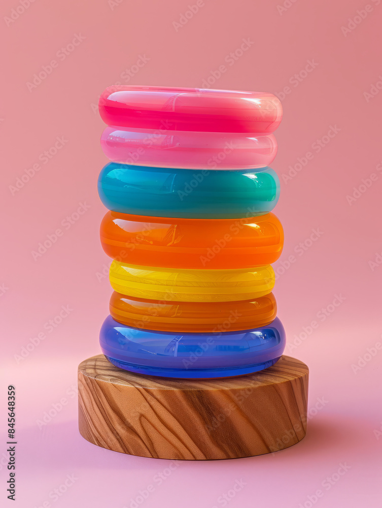 Stacked colorful plastic rings on a wooden base with a pink background. Stacked colorful plastic rings on a wooden base with a pink background.
