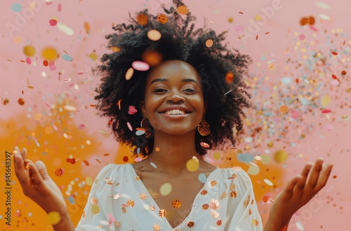 Happy Woman Celebrating With Confetti in Studio