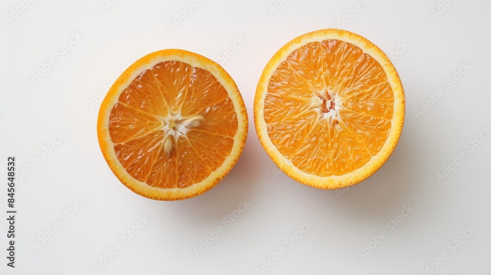 Fototapeta premium Two freshly picked oranges separated on a white backdrop