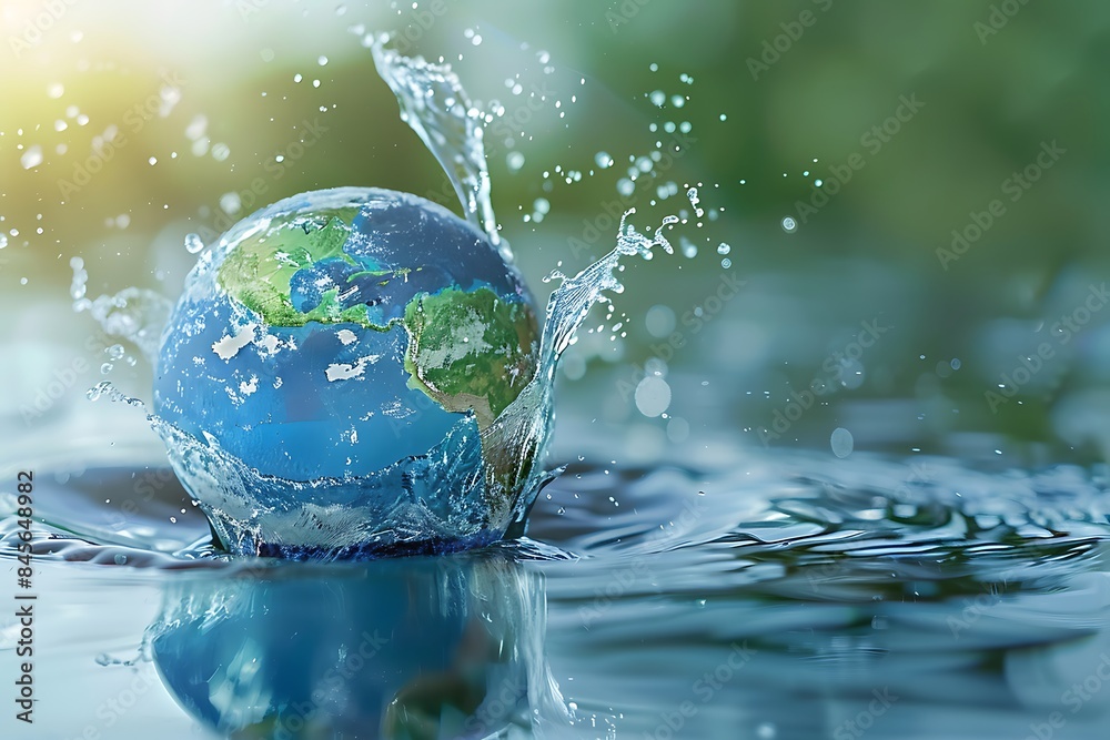 The Earth planet made of water splash on light background with reflection, green forest nature landscape