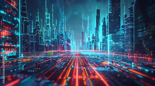 A futuristic cyber cityscape with neon lights and holographic interfaces, depicting a digitally connected society vulnerable to cyber threats.