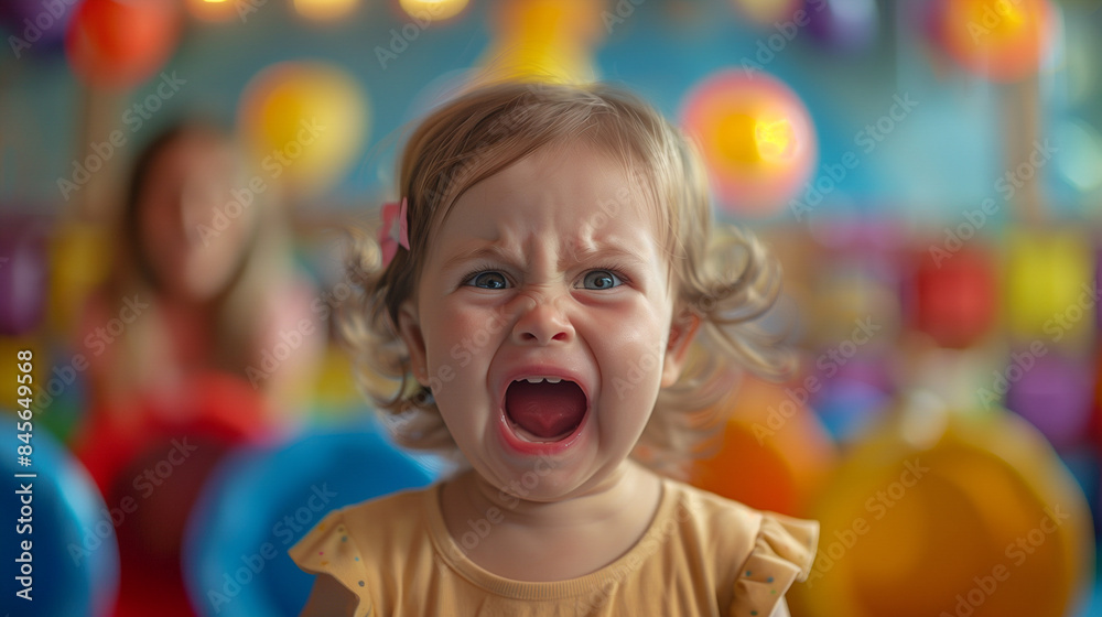 A young child with curly hair crying loudly at a colorful party with balloons in the background. A young child with curly hair crying loudly at a colorful party with balloons in the background.