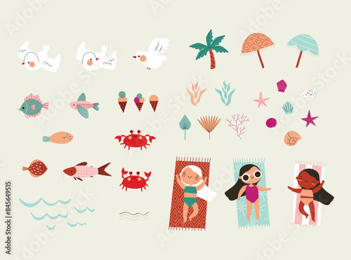 isolated summer beach and sea illustrations. girls on the beach, shells, seagulls, fish, crabs, beach umbrellas and palm trees.