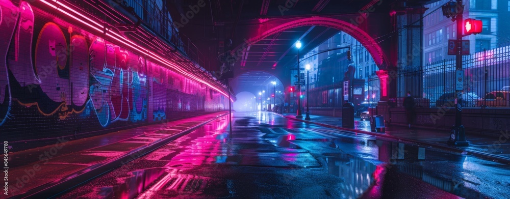 Neon-lit urban street at night with reflections on wet pavement under an arched bridge adorned with graffiti. Neon-lit urban street at night with reflections on wet pavement under an arched bridge adorned with graffiti.