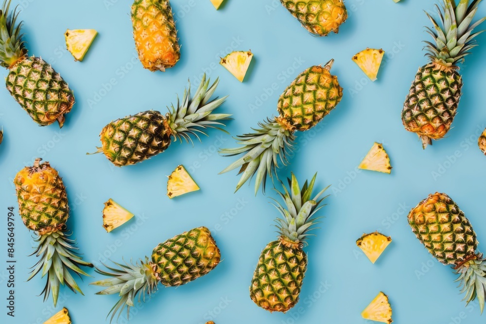 Flat layout pattern of pineapples on a pastel blue background. Flat layout pattern of pineapples on a pastel blue background.