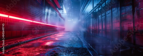 Futuristic urban alleyway with neon lights and wet ground reflecting light  under a misty atmosphere.