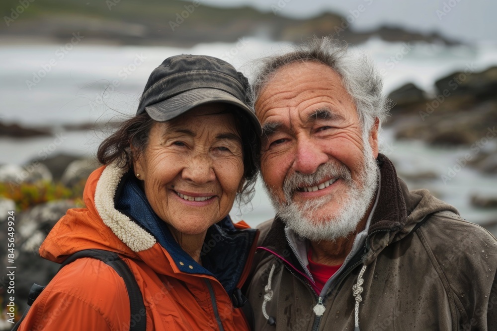 Portrait of a glad mixed race couple in their 70s dressed in a water-resistant gilet over peaceful tide pool background