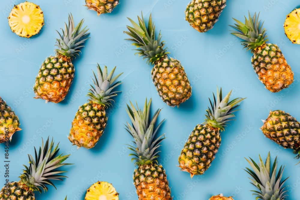Flat layout pattern of pineapples on a pastel blue background. Flat layout pattern of pineapples on a pastel blue background.