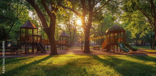 Wooden Playground Equipment in a Park at Sunset