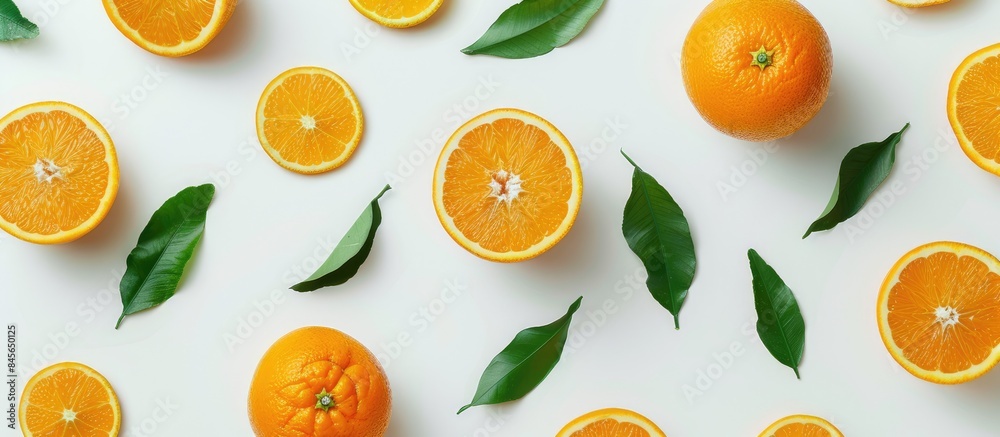 Fresh oranges with leaves on a white background - bursting with juiciness, sweetness, and renowned for their high vitamin C content. Fresh oranges with leaves on a white background - bursting with juiciness, sweetness, and renowned for their high vitamin C content.