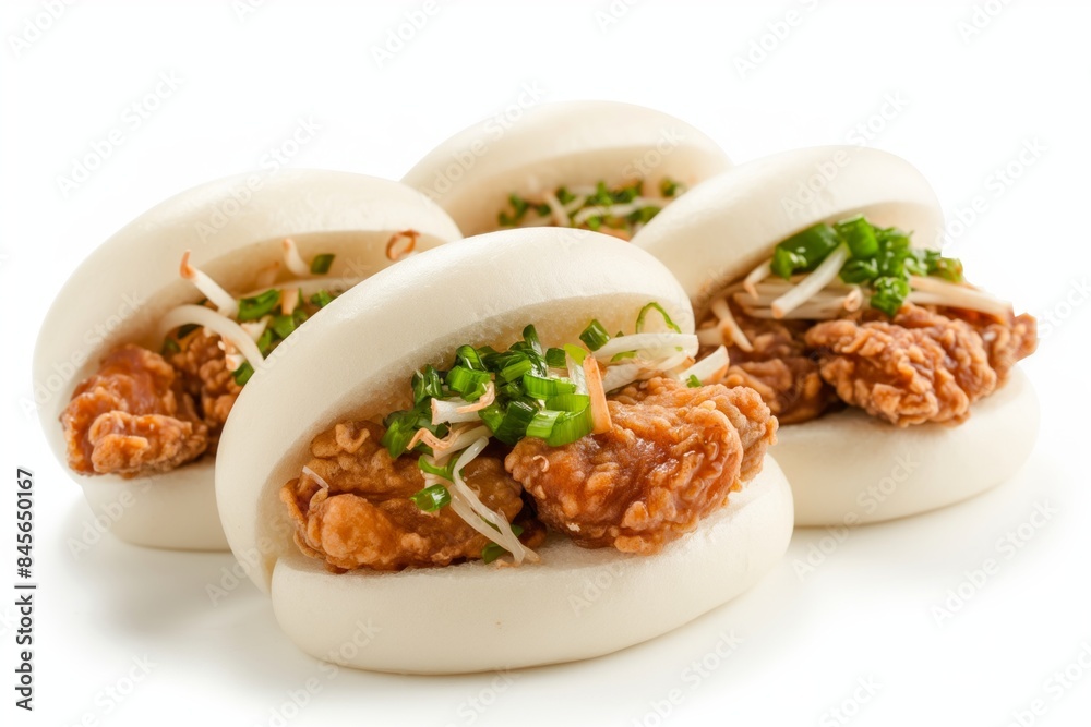 Multiple crispy chicken bao buns, freshly steamed and garnished with sprouts on a white plate Multiple crispy chicken bao buns, freshly steamed and garnished with sprouts on a white plate