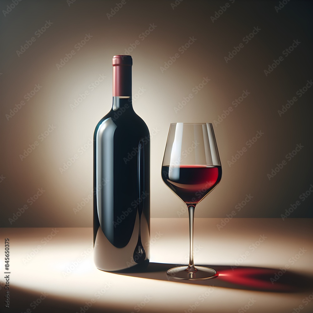 Elegant presentation of a bottle of red wine and a filled glass. Soft, ambient lighting on a simple background highlights the rich color and clarity of the wine Elegant presentation of a bottle of red wine and a filled glass. Soft, ambient lighting on a simple background highlights the rich color and clarity of the wine