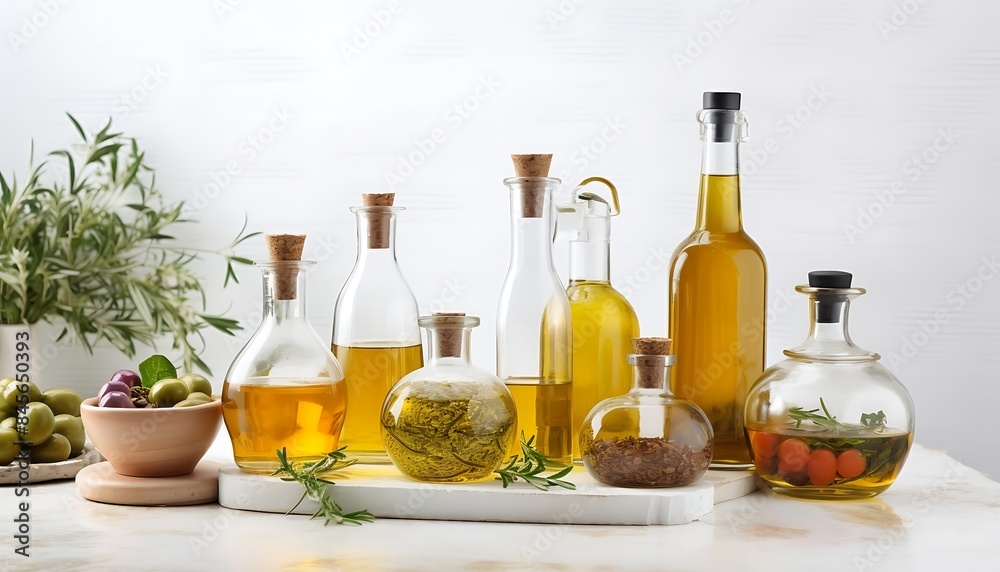 Group of bottles of oil and olives on a background Group of bottles of oil and olives on a background