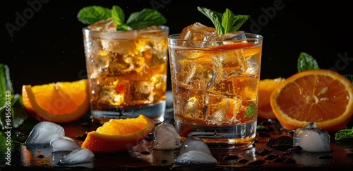 Three Glasses of Orange Juice With Ice and Mint on a Black Surface