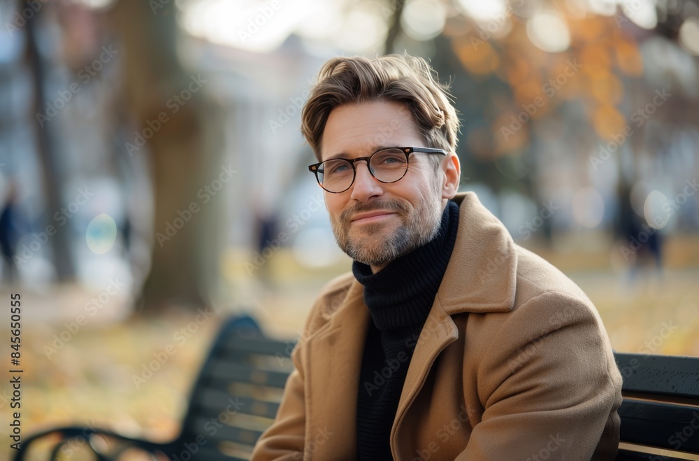 Smiling Man In Brown Coat Sitting On A Bench On An Autumn Day Smiling Man In Brown Coat Sitting On A Bench On An Autumn Day