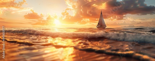 Sunset over a beach with a sailboat in the distance, golden hues, 4K hyperrealistic photo.