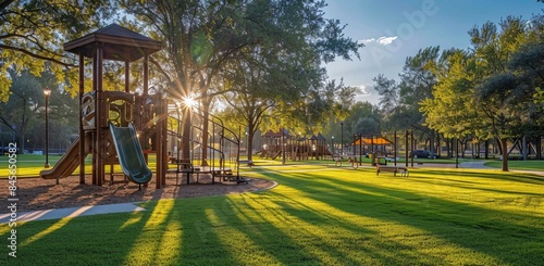 Wooden Playground Equipment in a Park at Sunset