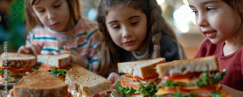 Kids attending a storytelling session for National Sandwich Day, November 3rd, listening to captivating tales while enjoying sandwiches, 4K hyperrealistic photo.