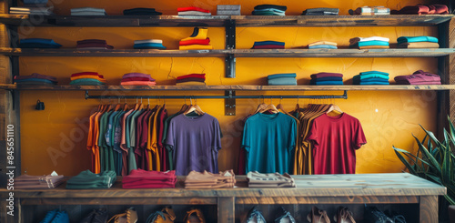 Colorful T-Shirts Displayed On Wooden Shelves In Retail Store