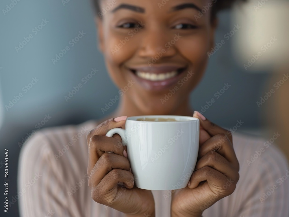 Beautiful and happy Black woman with curly hair, smiling warmly as she holds a cup of coffee in both hands. Mockup Concept. Beautiful and happy Black woman with curly hair, smiling warmly as she holds a cup of coffee in both hands. Mockup Concept.