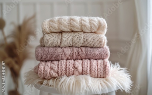 Stack of Soft Pink Knitted Sweaters on White Stool