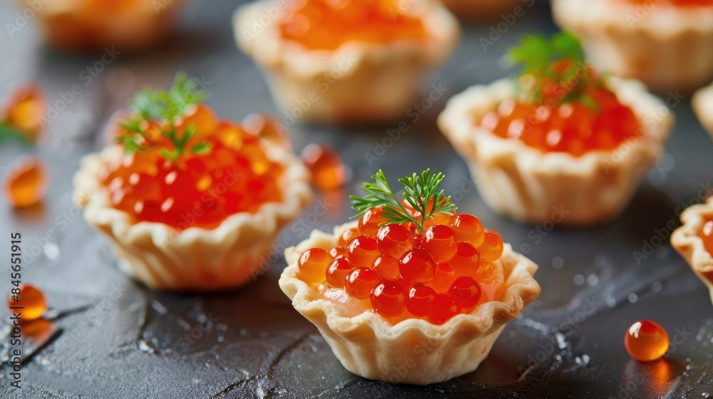 Tiny appetizers made of red caviar in small pastry shells Tiny appetizers made of red caviar in small pastry shells