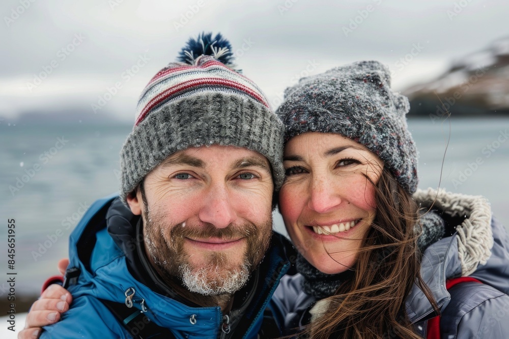 Portrait of a satisfied caucasian couple in their 30s dressed in a warm ski hat on calm bay background Portrait of a satisfied caucasian couple in their 30s dressed in a warm ski hat on calm bay background