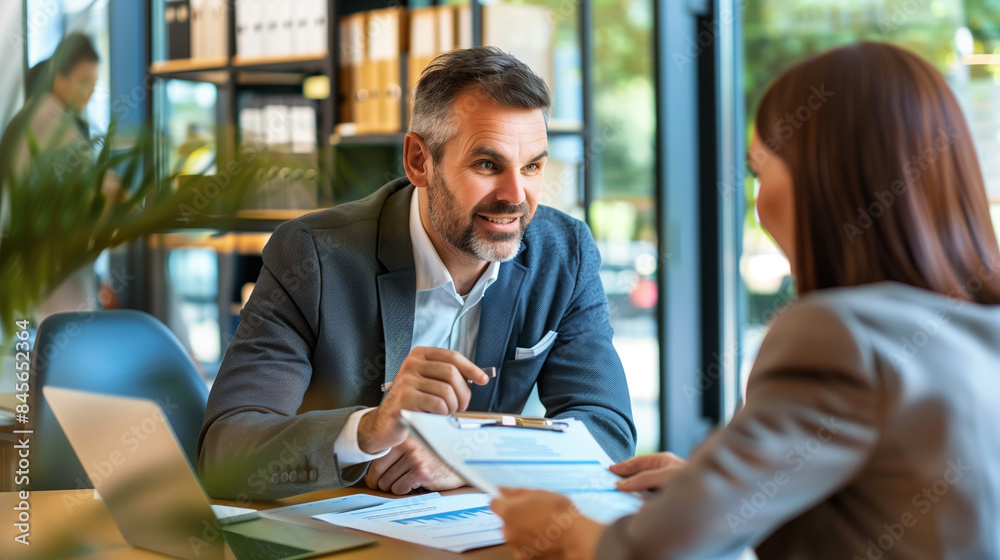 A business meeting discussion between a man and a woman, highlighting professional interaction, collaboration, and the importance of communication in a corporate setting. A business meeting discussion between a man and a woman, highlighting professional interaction, collaboration, and the importance of communication in a corporate setting.