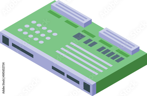 Green motherboard lying on white background with microchips and slots modern technology concept