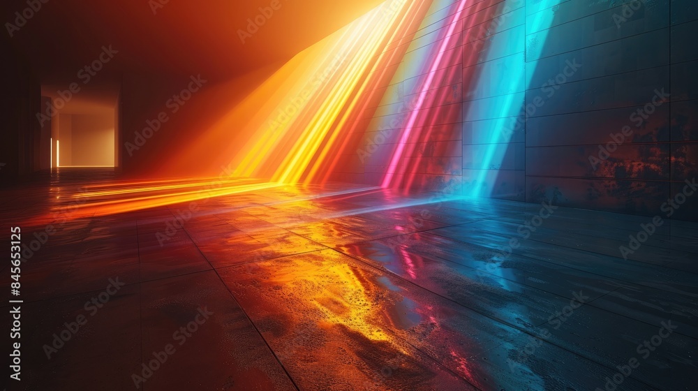 A mesmerizing abstract scene with vibrant orange and blue neon lights illuminating a reflective surface, creating a futuristic ambiance. A mesmerizing abstract scene with vibrant orange and blue neon lights illuminating a reflective surface, creating a futuristic ambiance.