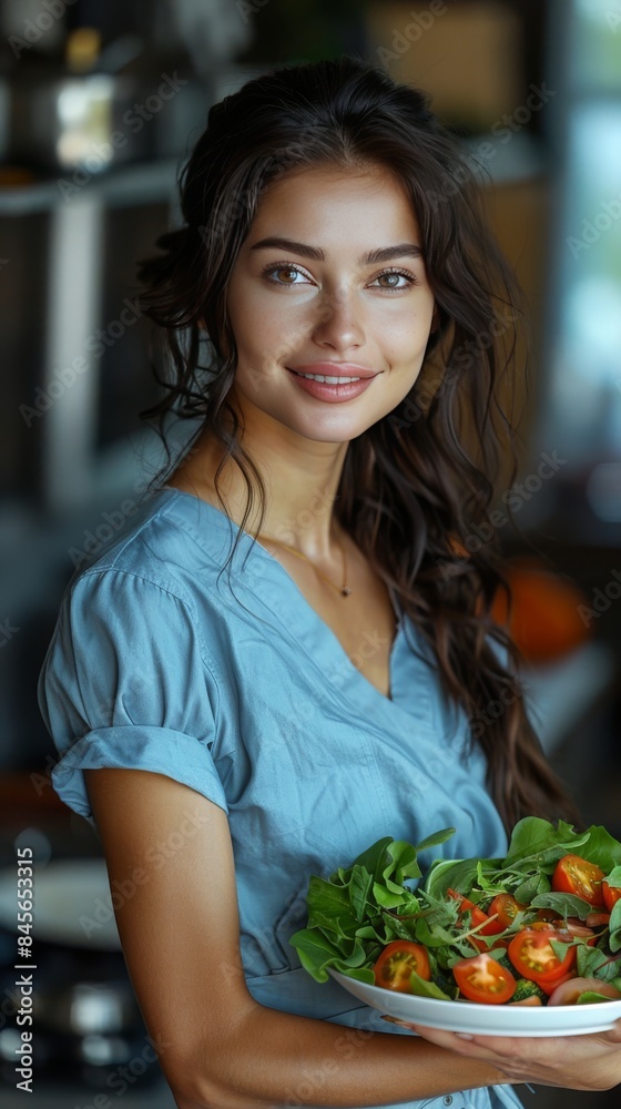 a beautiful woman, with a blue nurse shirt on, eats a salad, 4k, a beautiful woman, with a blue nurse shirt on, eats a salad, 4k,