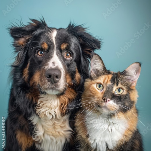 Portrait of Happy Bernese Mountain dog and orange tabby cat looking into studio camera together isolated on blue background, veterinarian doctor office showing pets as friends.

