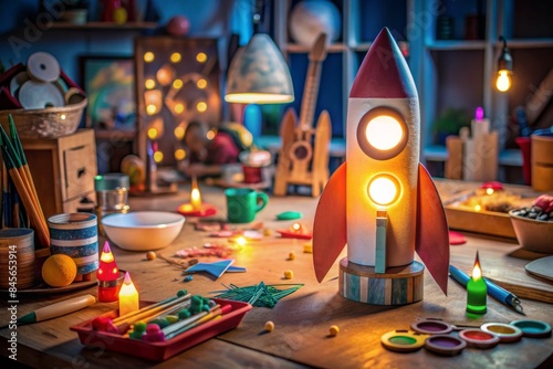 A photo of a craft workshop with various crafting materials and tools, featuring a glowing light bulb rocket, representing creativity in handmade and DIY projects
