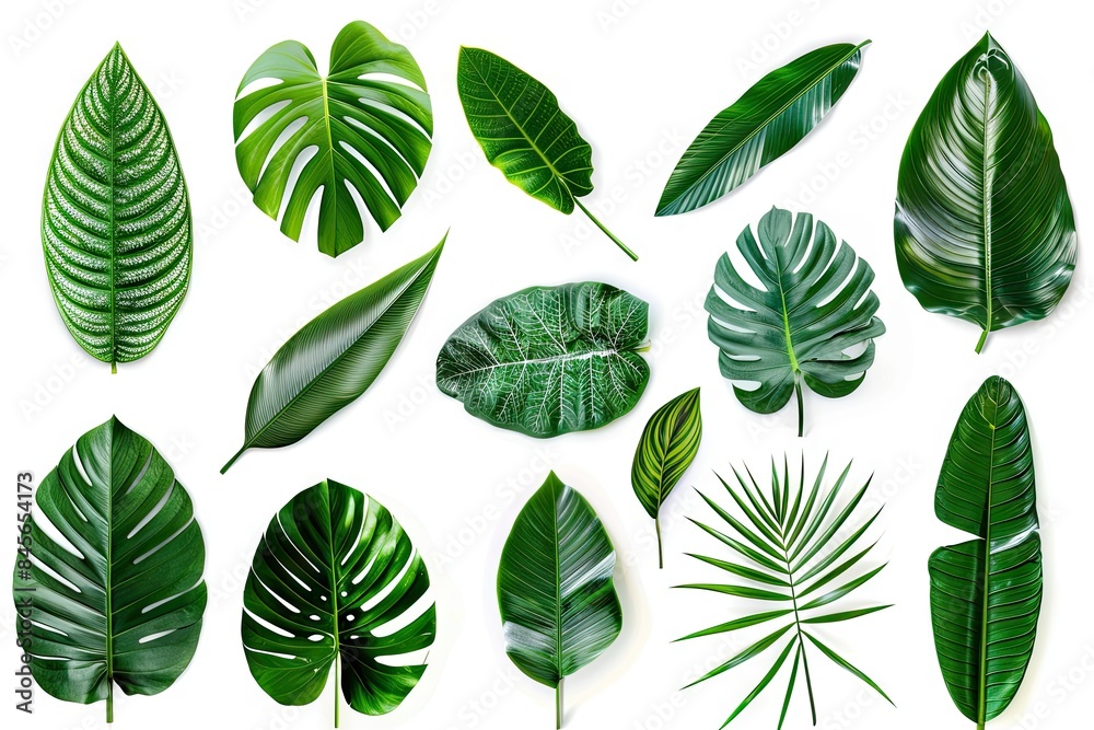 Set of Tropical leaves isolated on white background. Beautiful tropical exotic foliage