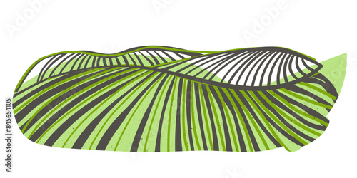 Farm field landscape on small hills. Furrows pattern in a plowed prepared for crops planting. Rows of soil, rural countryside perspective horizon view. Vector engraving sketch illustration.