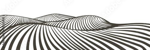 Farm field landscape on small hills. Furrows pattern in a plowed prepared for crops planting. Rows of soil, rural countryside perspective horizon view. Vector engraving sketch illustration.