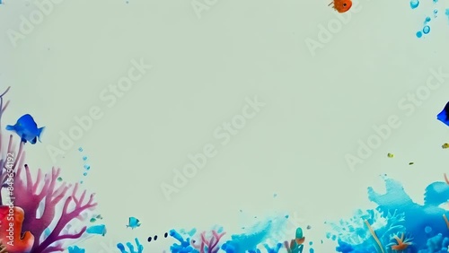 A colorful underwater scene featuring a variety of tropical fish, coral, and a seahorse against a light background. The vibrant illustration mimics a playful oceanic environment.