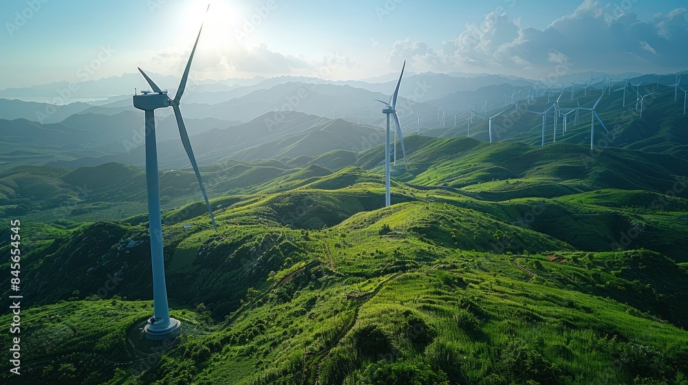 A close-up view of wind turbines generating clean energy against a clear blue sky with rolling green hills in the background A close-up view of wind turbines generating clean energy against a clear blue sky with rolling green hills in the background